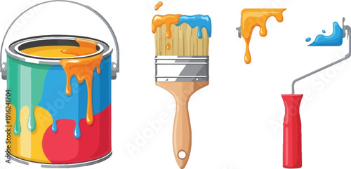 Vibrant collection of essential painting tools including a colorful can a brush and a roller ready for home improvement projects