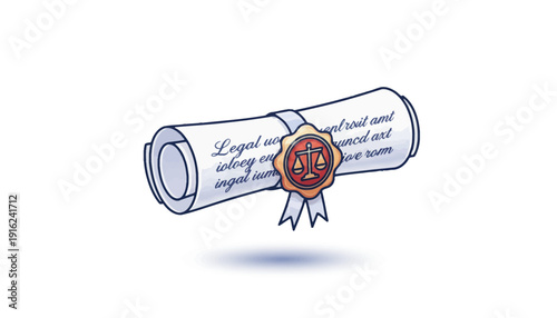 Legal document scroll with wax seal and justice scales symbol, representing law and justice.