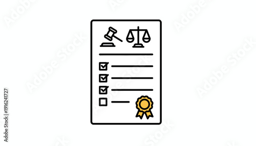 Legal Document with Gavel, Scales of Justice, Checklist, and Award Seal