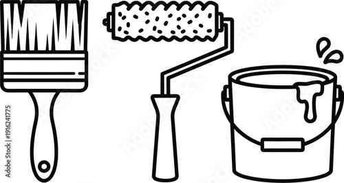 Simple line art icon set illustrating essential painting tools including a wide paintbrush a textured roller and a paint can with drips