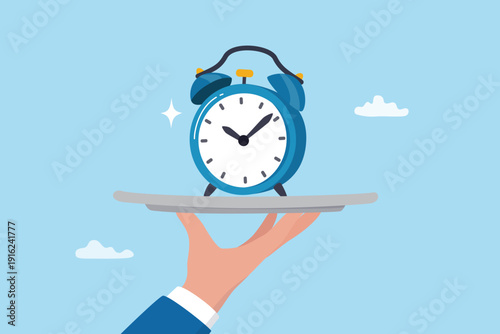 Time management, reminder schedule deadline, productivity or efficiency to finish work in time, control urgency planning, work life balance, businessman hand serving time deadline alarm clock.