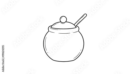 Hand-drawn illustration of a honey pot with a dipper, isolated on white background