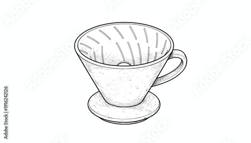 Hand-drawn illustration of a pour-over coffee dripper with a filter, isolated on white.