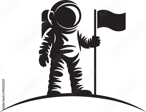 Astronaut silhouette standing on lunar surface holding mission flag in outer space exploration