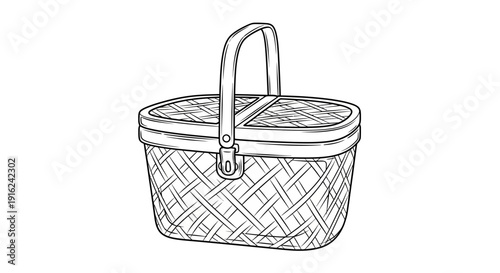 Hand-drawn sketch of a woven picnic basket with lid and handle, isolated on white background.