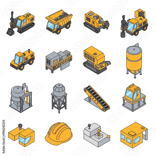 Industrial Equipment and Machinery Icons Set.