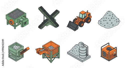 Industrial Machines and Equipment Icons Set.
