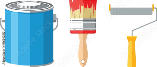 Collection of essential painting supplies including a bright blue paint can a red tipped brush and a gray roller with a yellow handle
