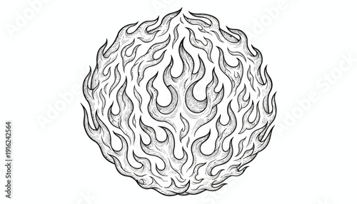 Fiery Orb Illustration: Dynamic Flames in a Circular Design, Black and White Sketch