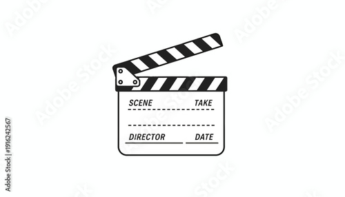 Film Clapperboard Icon, Movie Production Slate, Cinema Equipment, Black and White