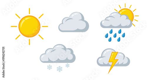 Set of five colorful weather forecast icons illustrating sunny cloudy rainy snowy and stormy conditions isolated on white background