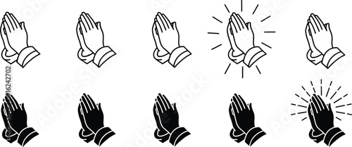 Praying Hands Black and White Icon Collection with Religious Prayer Gesture Vector Illustration Set
