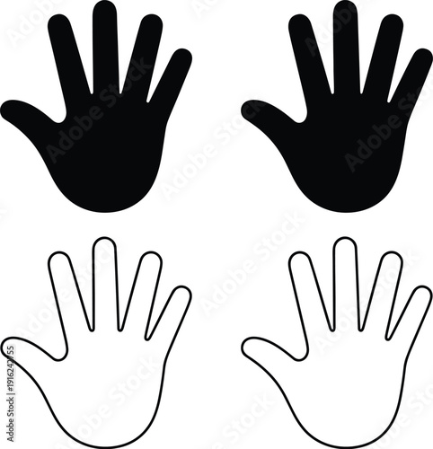 Hand Silhouette and Outline Icon Set with Open Palm Gesture Black and White Vector Illustration