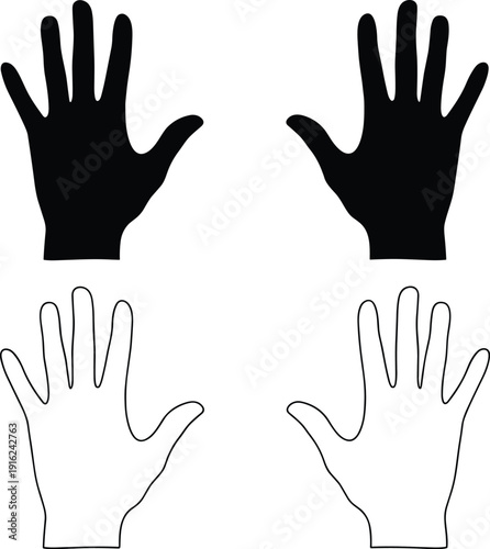 Open Hand Silhouette and Outline Collection with Human Palm Gesture Black and White Vector Illustration Set