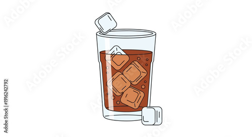 Refreshing illustration of a tall glass filled with cold brown soda beverage containing several ice cubes and one cube dropping in