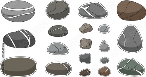 Assorted collection of smooth cartoon river stones featuring various shapes and detailed striped patterns for nature design elements