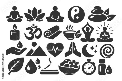 Collection of yoga and meditation symbols including lotus, om, yin yang, and more.