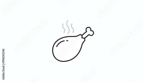 Hot Chicken Leg Icon, Steaming Food Symbol, Simple Line Art, Isolated on White