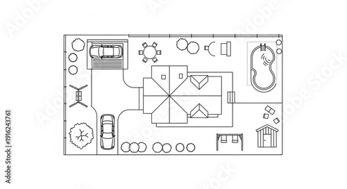 Architectural drawing of a house with a swimming pool and garden.