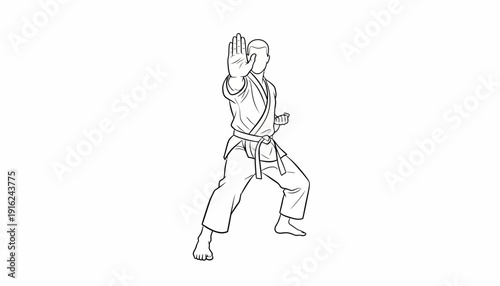 Karate fighter in defensive stance, black and white illustration