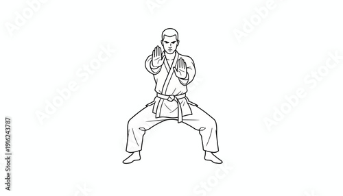 Karate fighter in ready stance, black and white line drawing, martial arts training