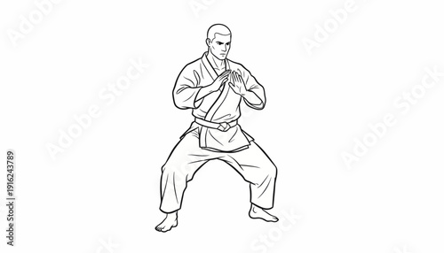 Karate fighter in a ready stance, martial arts training, strong posture, focused expression