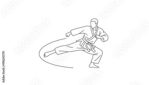 Karate fighter performing a dynamic kick in a traditional gi, motion blur effect