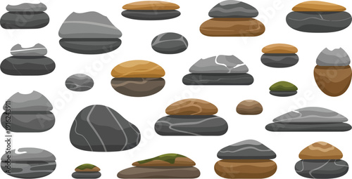 Collection of various cartoon style stacked river stones and flat pebbles isolated on a white background representing zen balance