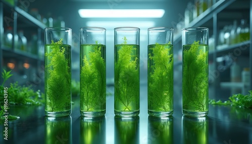 Wallpaper Mural Algae grows in glass tubes within lab setting. Green aquatic plants are studied for clean energy and biotech innovation. Research subjects are cultivated for scientific development. Torontodigital.ca