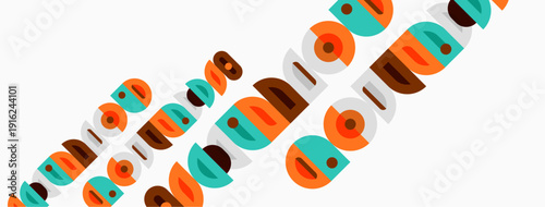 Retro pattern features overlapping circles, rectangles. Colors include orange, teal, brown, gray. Design evokes midcentury aesthetic.