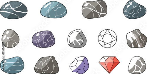 Collection of various illustrated smooth river stones and polished gemstones showcasing different natural colors and unique internal stripe patterns