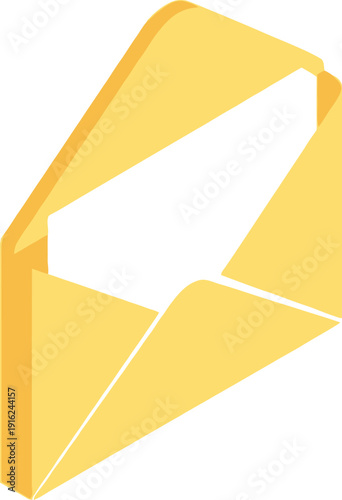 Isometric illustration of an open yellow mail envelope slightly revealing a blank white letter or document inside against a bright white background.