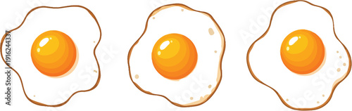 Three cartoon style sunny side up fried eggs presented side by side illustration isolated on a clean white background for food design concepts.