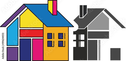Conceptual graphic showing a vibrant multicolored house juxtaposed next to a grayscale counterpart representing comparison or transformation in real estate concepts