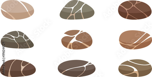 Set of nine beautifully illustrated smooth river stones displaying varied natural brown and gray tones with distinctive light vein patterns isolated on white