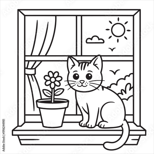 cat and bird in a window coloring page