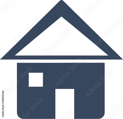 Simple dark blue icon representing a detached house structure with a prominent triangular roof and minimal features isolated on white background