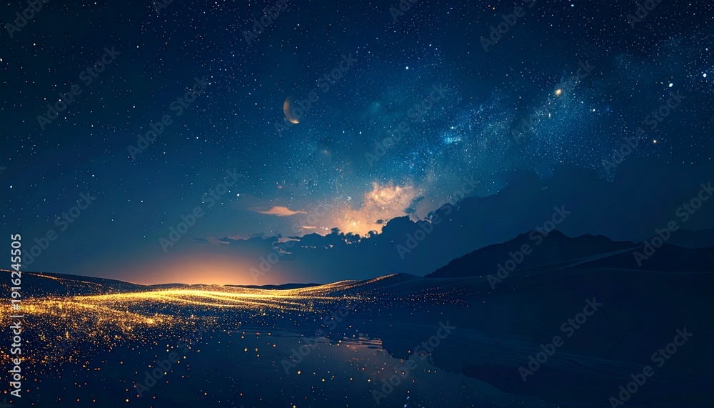 Naklejka premium Celebrating Ramadhan under the serene night sky with stars reflecting on a peaceful lake