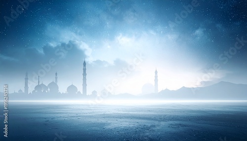 A serene night sky over a mosque silhouette during Ramadhan, viewed from a distant foggy landscape with majestic minarets standing tall