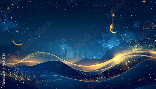 Celebrating Ramadhan under the starry night sky with crescent moons and golden waves