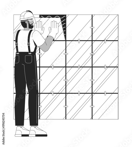 Skilled trade wall tiler installing ceramic tiles outline illustration. Kitchen bathroom renovation. Installer aligning panels 2D line character isolated on white. Monochrome vector ink linear image