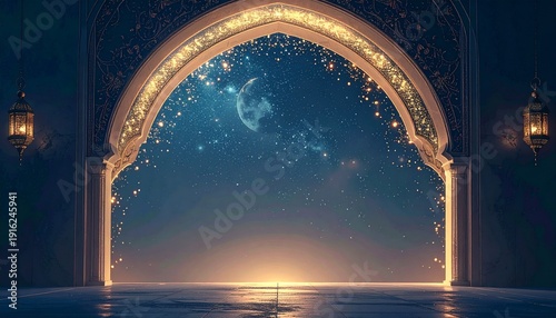 Celebrating Ramadhan under the Night Sky through an Ornate Archway with Crescent Moon and Stars Shining Brightly