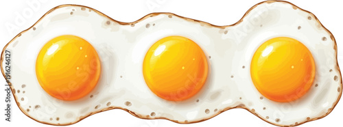 Deliciously perfect sunny side up fried eggs illustrated with three golden yolks arranged horizontally for breakfast preparation or culinary concepts.