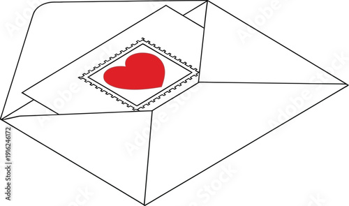 Simple graphic illustration depicting a partially opened white envelope revealing a small card featuring a red heart stamp design inside.