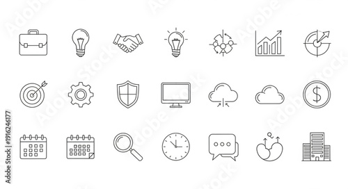 Business Icons Collection Hand Drawn Sketch Style.