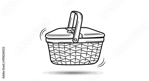Hand-drawn picnic basket with lid and handle, isolated on white background, sketch style