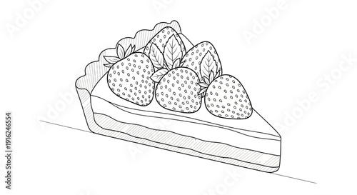 Hand-drawn sketch of a delicious strawberry tart slice with fresh berries and mint leaves.