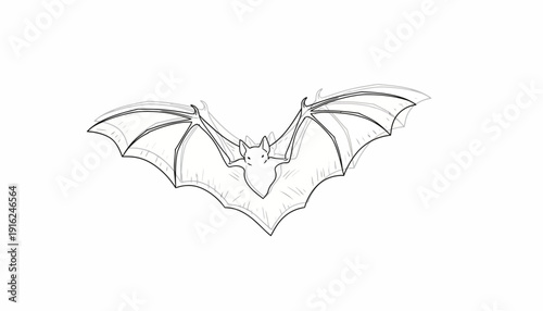Hand-drawn sketch of a bat in flight, wings spread wide, isolated on white background
