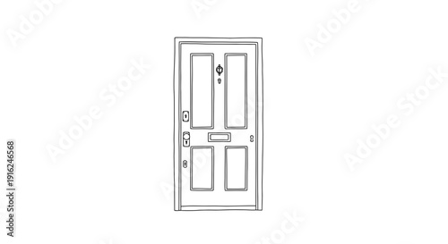 Hand-drawn sketch of a classic four-panel front door with knocker and letterbox