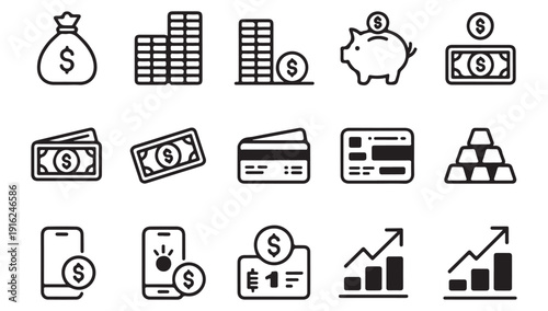 Finance icons: money bag, coins, piggy bank, banknotes, credit cards, gold bars, mobile payment, charts